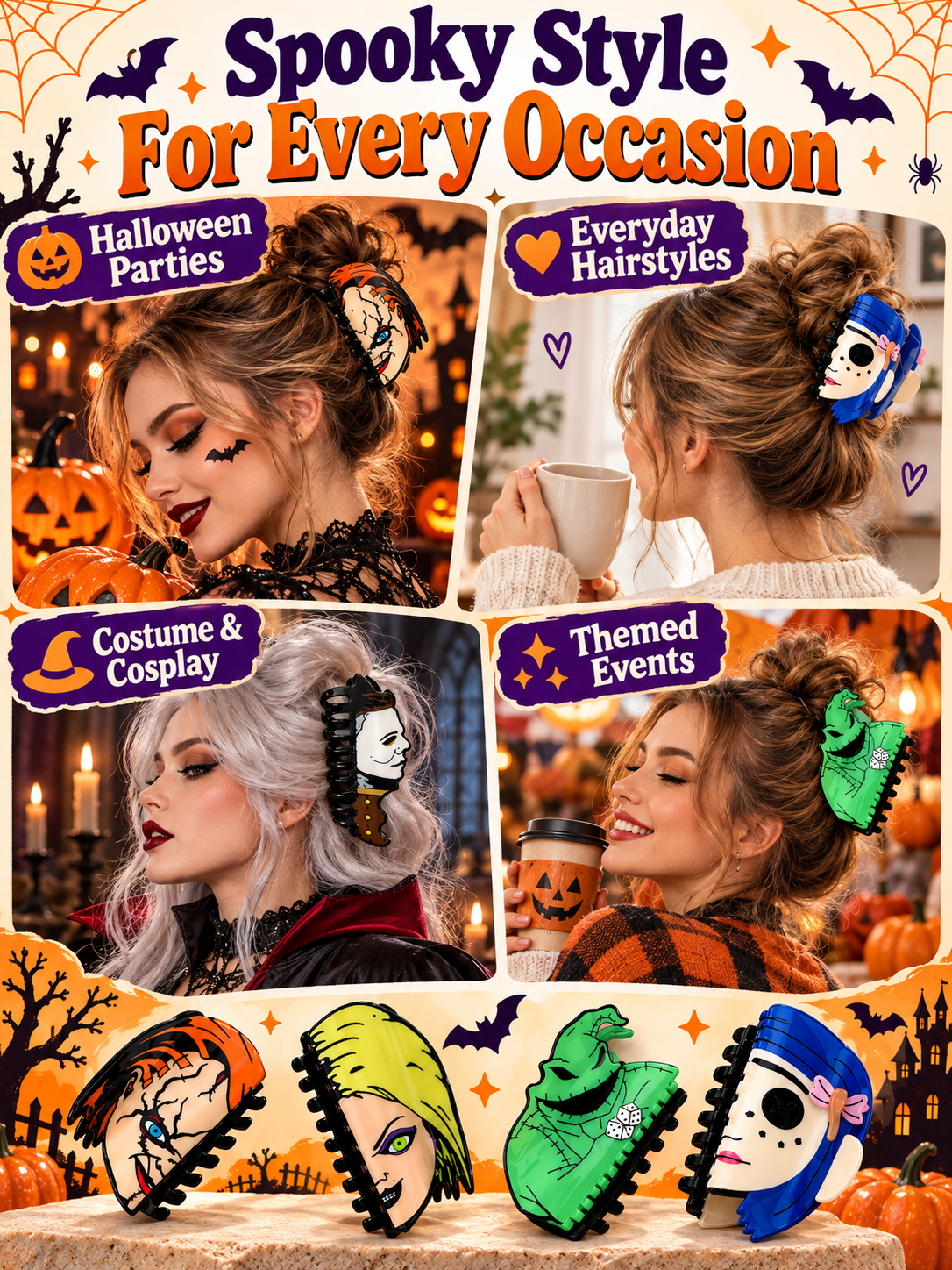 🎃 Halloween Style Deal – Double-Sided Horror Claw Hair Clips 💀 Bold Plastic Hair Accessories for Women & Men, Perfect for Spooky Season Looks ✨