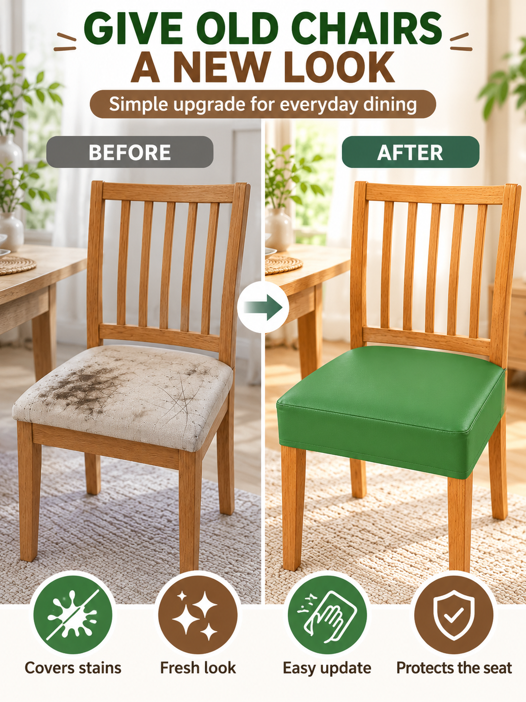 🏠 Home Upgrade Deal – PU Leather Dining Chair Covers 🪑 Waterproof, Removable & Washable Seat Protectors for Everyday Dining ✨