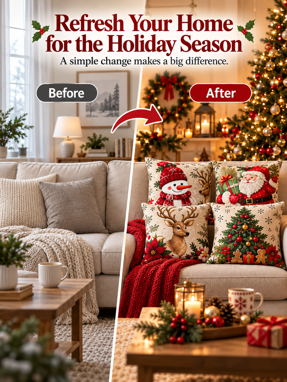 🎄 Christmas Pillow Covers – 4-Piece Santa & Snowman Set, 18×18″ Holiday Cushion Cases