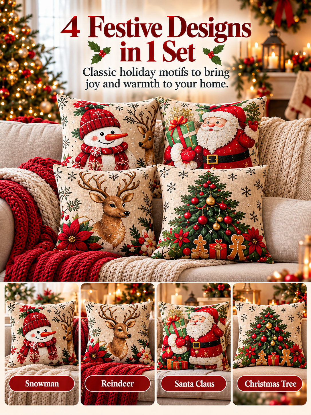 🎄 Christmas Pillow Covers – 4-Piece Santa & Snowman Set, 18×18″ Holiday Cushion Cases