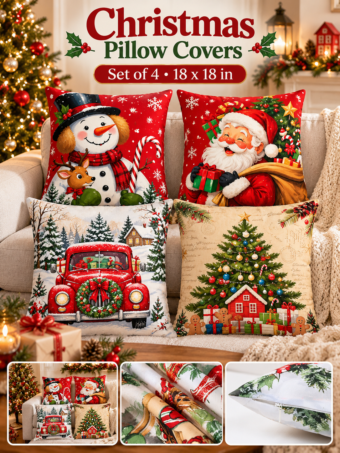 🎄 Christmas Pillow Covers – 4-Piece Santa & Snowman Set, 18×18″ Holiday Cushion Cases