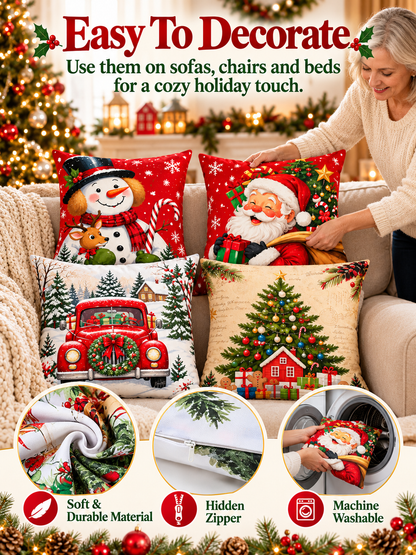 🎄 Christmas Pillow Covers – 4-Piece Santa & Snowman Set, 18×18″ Holiday Cushion Cases