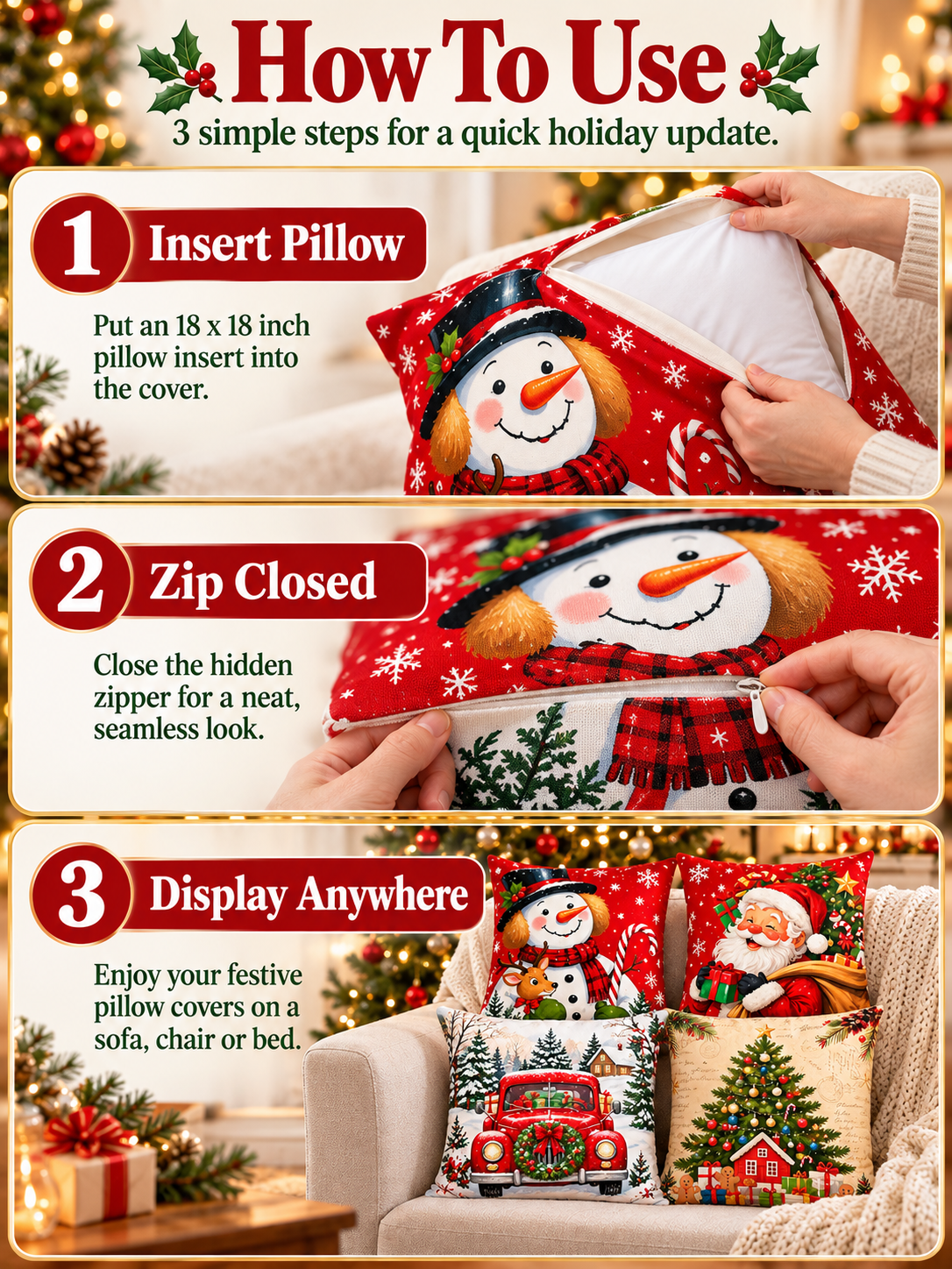 🎄 Christmas Pillow Covers – 4-Piece Santa & Snowman Set, 18×18″ Holiday Cushion Cases
