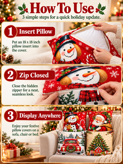 🎄 Christmas Pillow Covers – 4-Piece Santa & Snowman Set, 18×18″ Holiday Cushion Cases