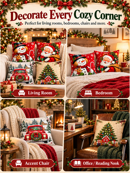🎄 Christmas Pillow Covers – 4-Piece Santa & Snowman Set, 18×18″ Holiday Cushion Cases