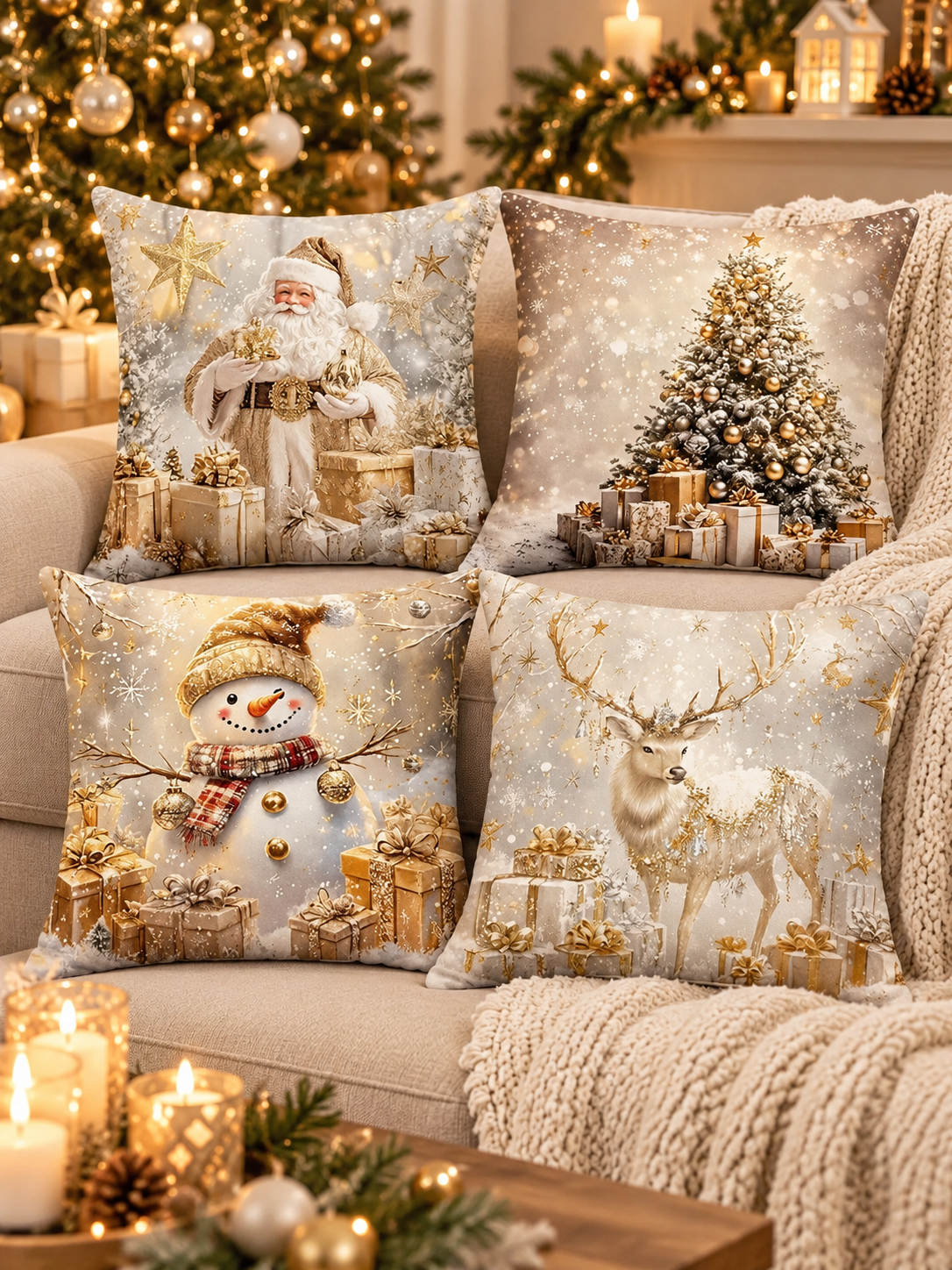🎄 Christmas Pillow Covers – 4-Piece Santa & Snowman Set, 18×18″ Holiday Cushion Cases