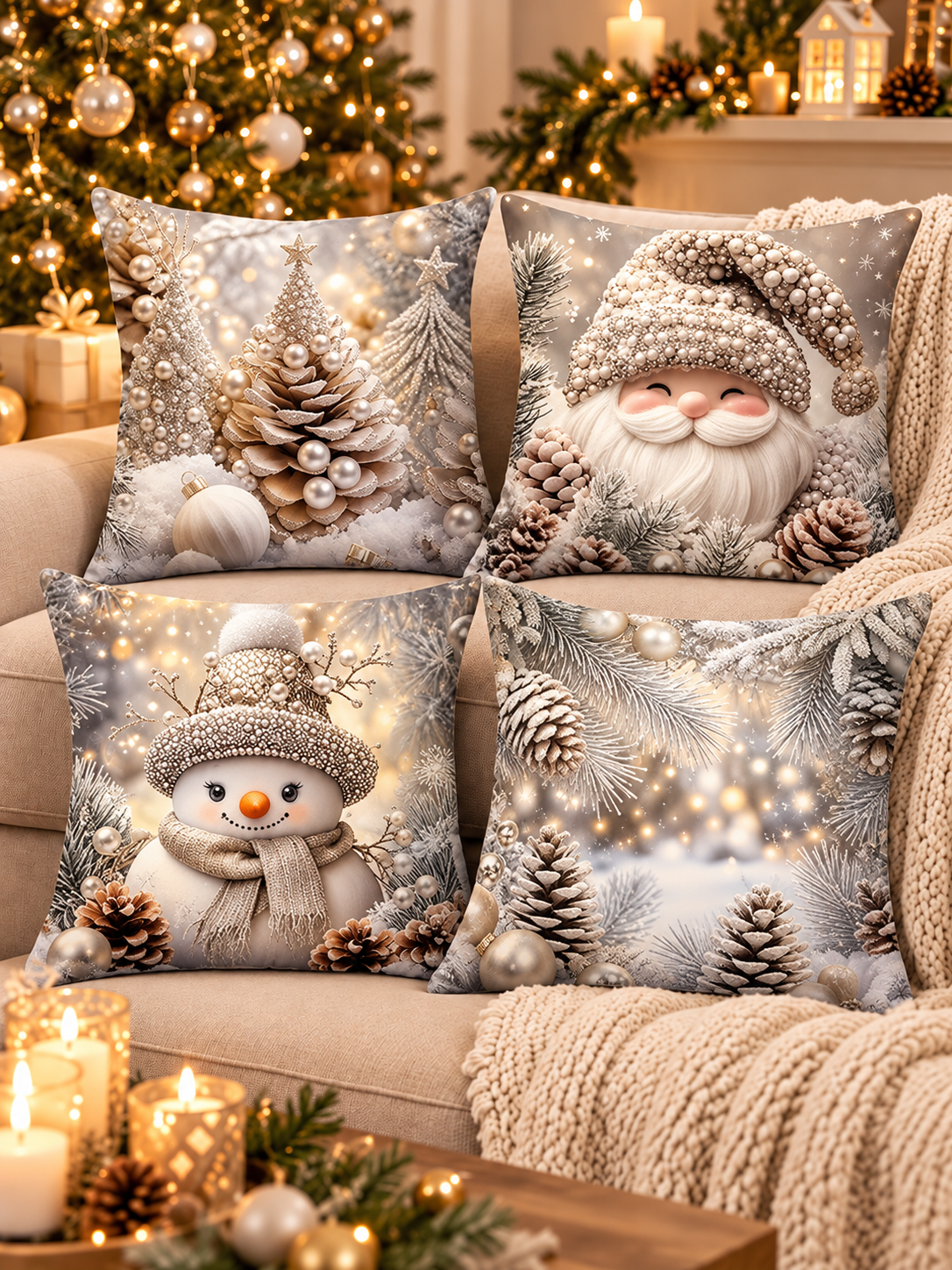 🎄 Christmas Pillow Covers – 4-Piece Santa & Snowman Set, 18×18″ Holiday Cushion Cases