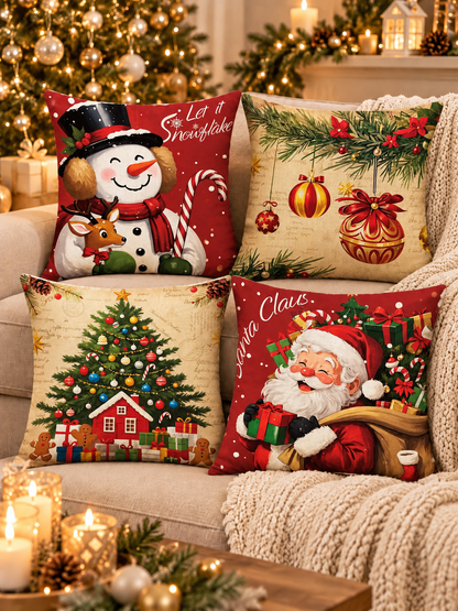 🎄 Christmas Pillow Covers – 4-Piece Santa & Snowman Set, 18×18″ Holiday Cushion Cases