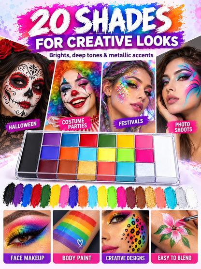 🎨 Face & Body Paint Palette – 20 Colors, Waterproof Makeup Kit for Cosplay & Creative Body Art ✨