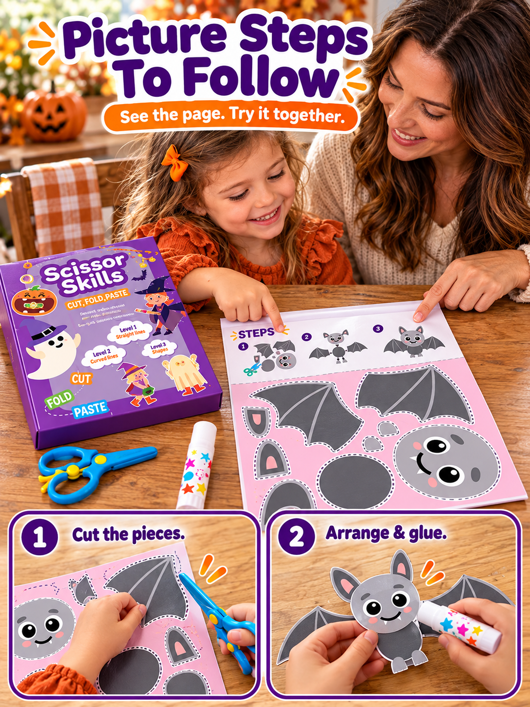 🎃 Halloween Craft Kit – 25 Scissor Skills Activities, Kids’ Cutting & Pasting Set Ages 3+ ✂️