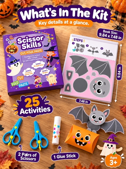 🎃 Halloween Craft Kit – 25 Scissor Skills Activities, Kids’ Cutting & Pasting Set Ages 3+ ✂️