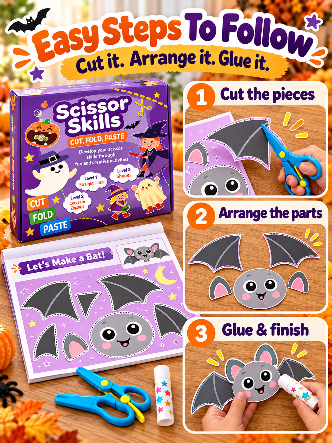 🎃 Halloween Craft Kit – 25 Scissor Skills Activities, Kids’ Cutting & Pasting Set Ages 3+ ✂️