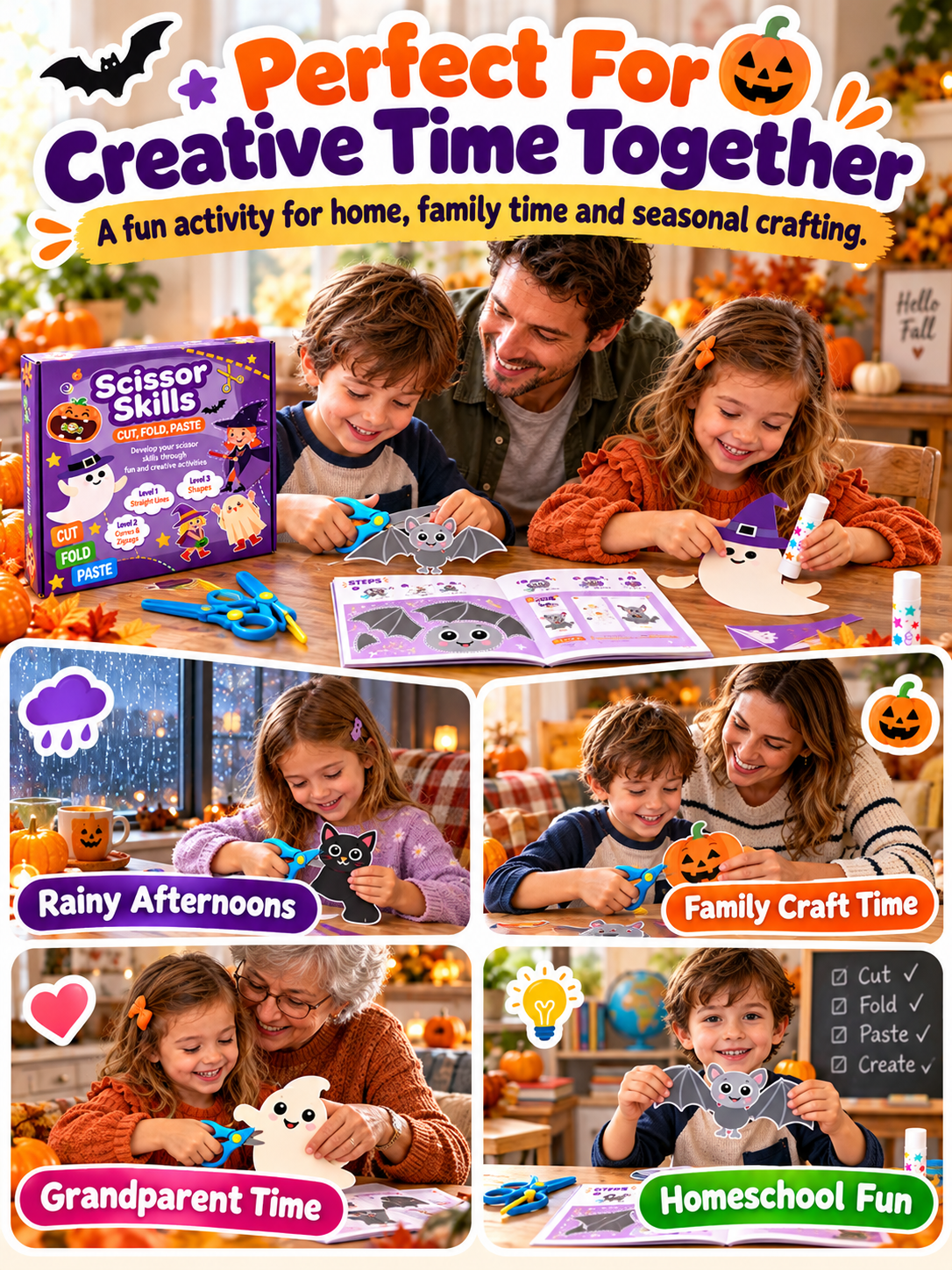 🎃 Halloween Craft Kit – 25 Scissor Skills Activities, Kids’ Cutting & Pasting Set Ages 3+ ✂️