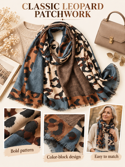 🧣 Boho Leopard Scarf – Soft Cotton Patchwork Shawl, Lightweight Fringe Wrap for Everyday Style ✨