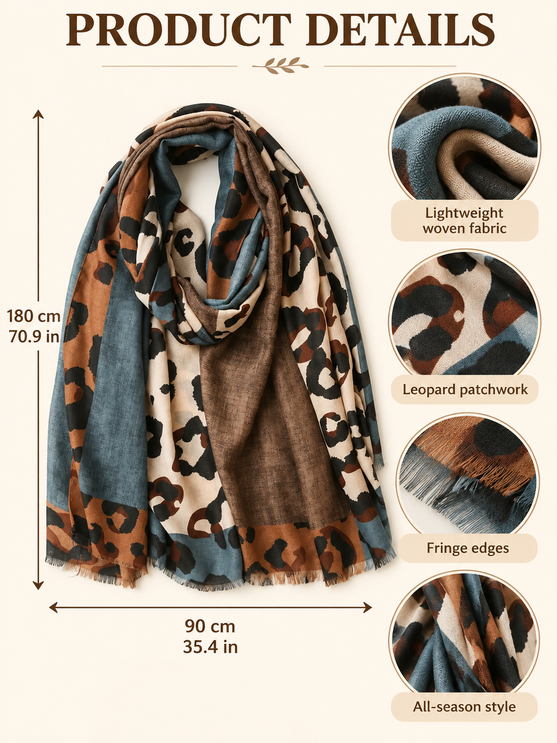 🧣 Boho Leopard Scarf – Soft Cotton Patchwork Shawl, Lightweight Fringe Wrap for Everyday Style ✨