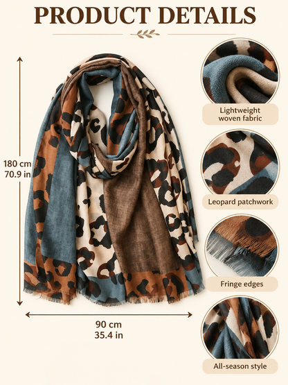 🧣 Boho Leopard Scarf – Soft Cotton Patchwork Shawl, Lightweight Fringe Wrap for Everyday Style ✨