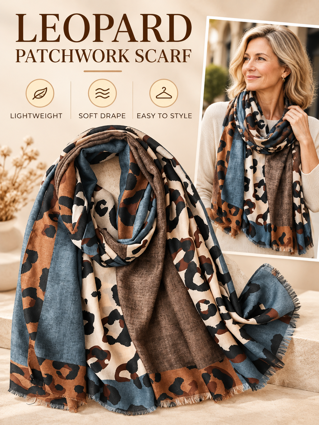 🧣 Boho Leopard Scarf – Soft Cotton Patchwork Shawl, Lightweight Fringe Wrap for Everyday Style ✨