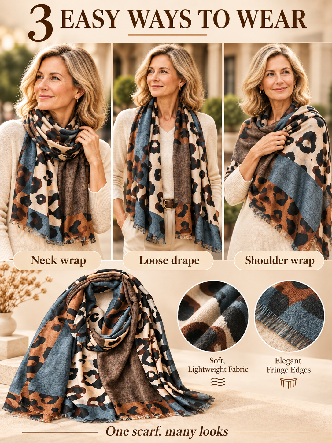 🧣 Boho Leopard Scarf – Soft Cotton Patchwork Shawl, Lightweight Fringe Wrap for Everyday Style ✨