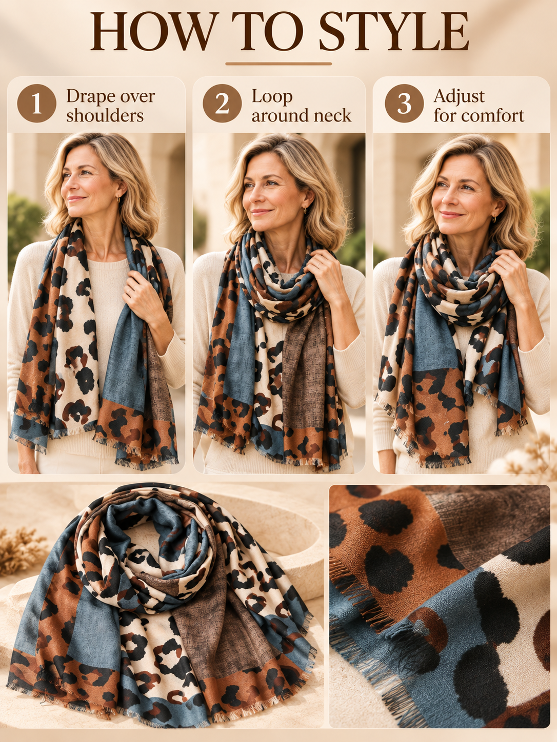 🧣 Boho Leopard Scarf – Soft Cotton Patchwork Shawl, Lightweight Fringe Wrap for Everyday Style ✨