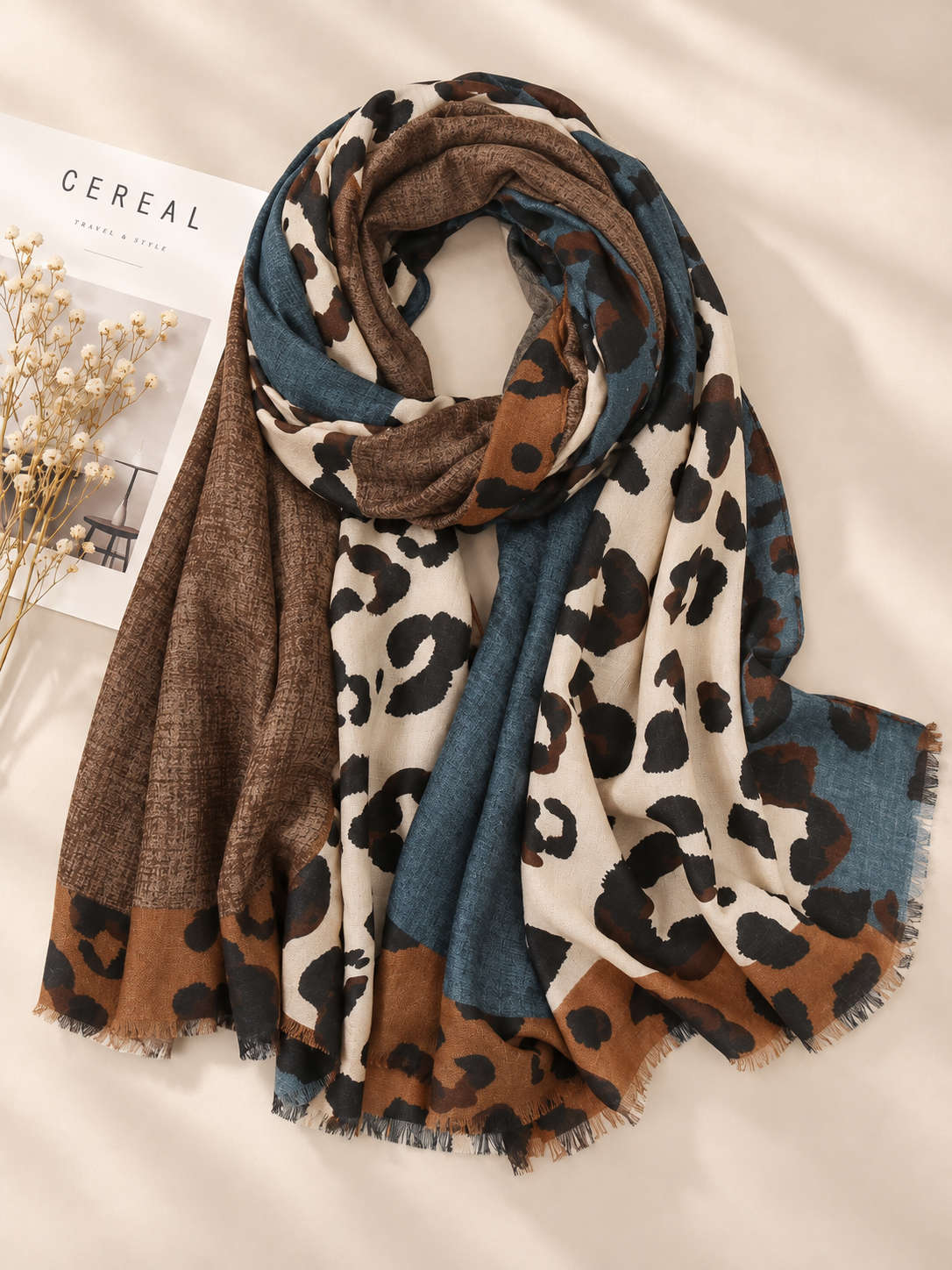 🧣 Boho Leopard Scarf – Soft Cotton Patchwork Shawl, Lightweight Fringe Wrap for Everyday Style ✨