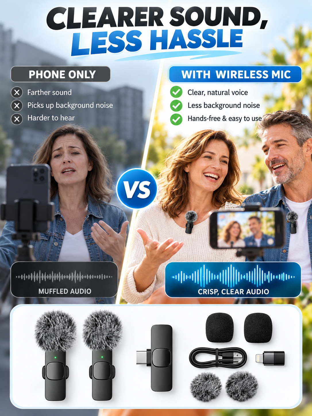 🎤 Wireless Lavalier Microphones – 2-Pack Rechargeable Clip-On Mics for iPhone & Android