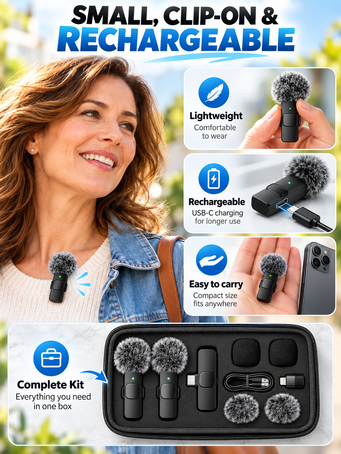 🎤 Wireless Lavalier Microphones – 2-Pack Rechargeable Clip-On Mics for iPhone & Android
