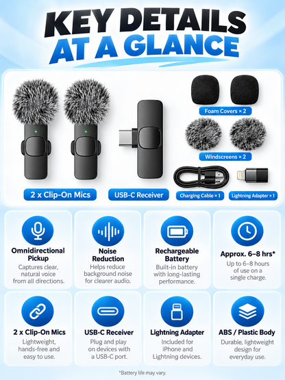 🎤 Wireless Lavalier Microphones – 2-Pack Rechargeable Clip-On Mics for iPhone & Android