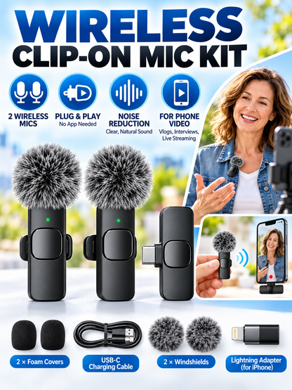 🎤 Wireless Lavalier Microphones – 2-Pack Rechargeable Clip-On Mics for iPhone & Android