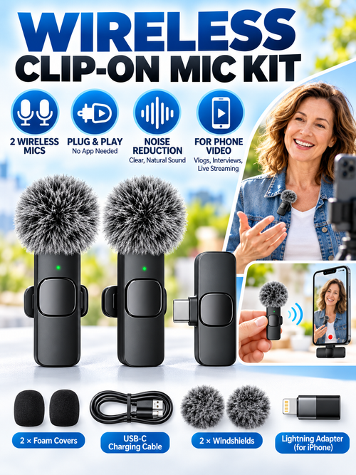 🎤 Wireless Lavalier Microphones – 2-Pack Rechargeable Clip-On Mics for iPhone & Android