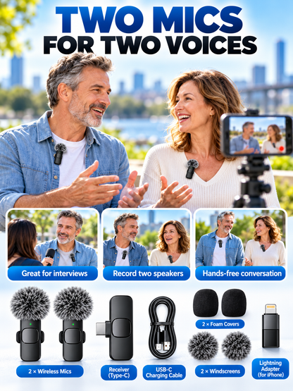 🎤 Wireless Lavalier Microphones – 2-Pack Rechargeable Clip-On Mics for iPhone & Android