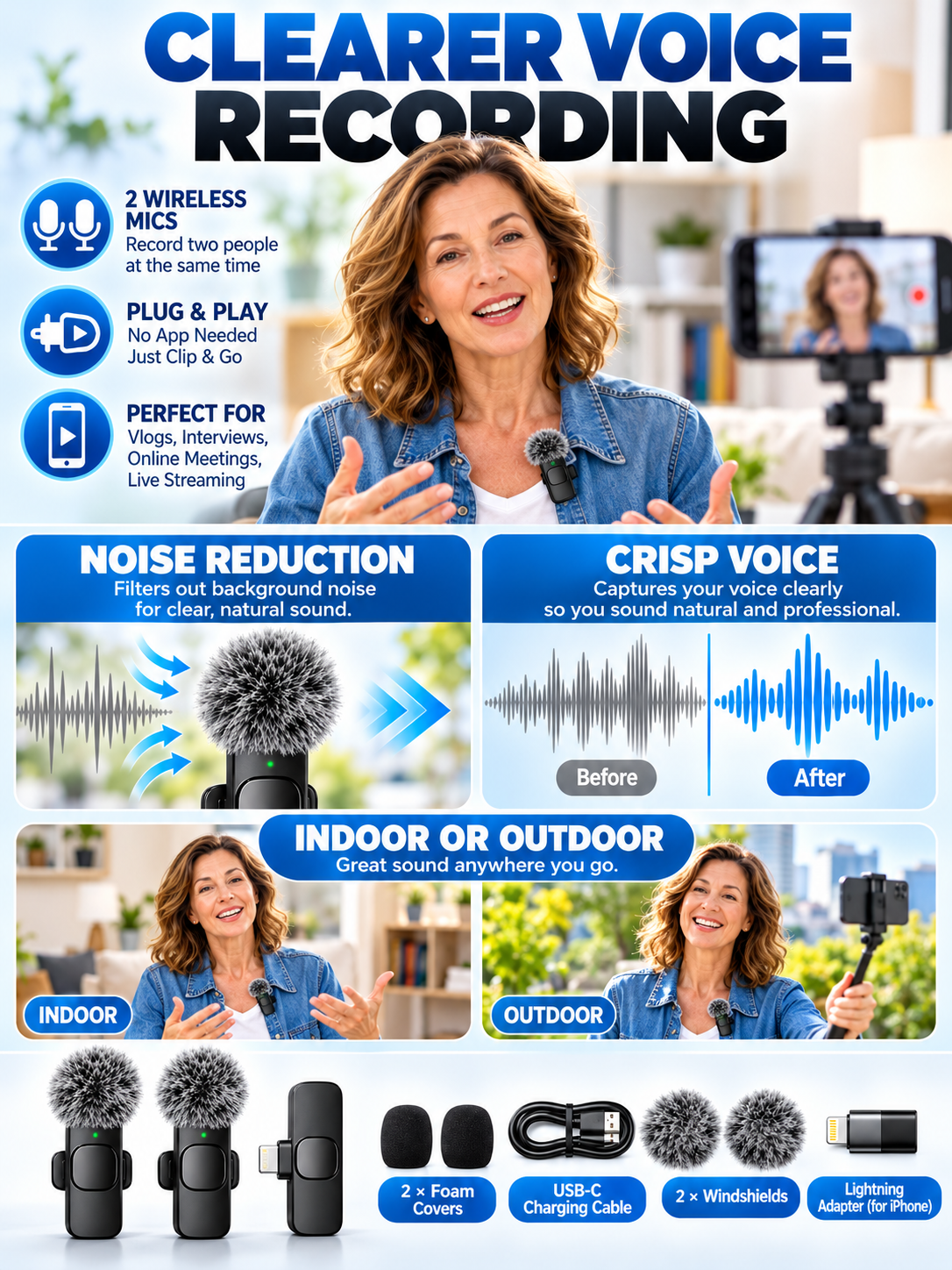 🎤 Wireless Lavalier Microphones – 2-Pack Rechargeable Clip-On Mics for iPhone & Android