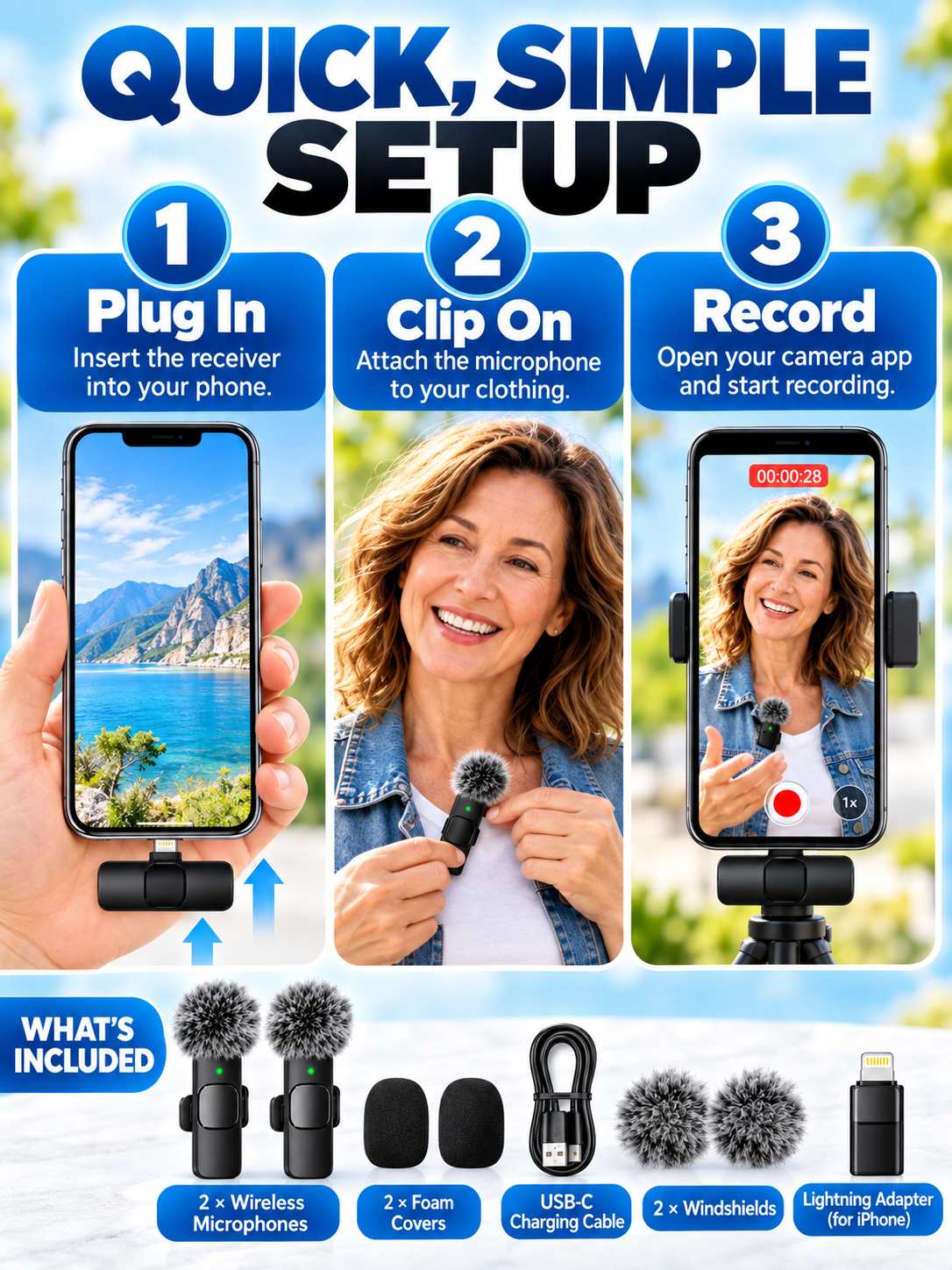 🎤 Wireless Lavalier Microphones – 2-Pack Rechargeable Clip-On Mics for iPhone & Android