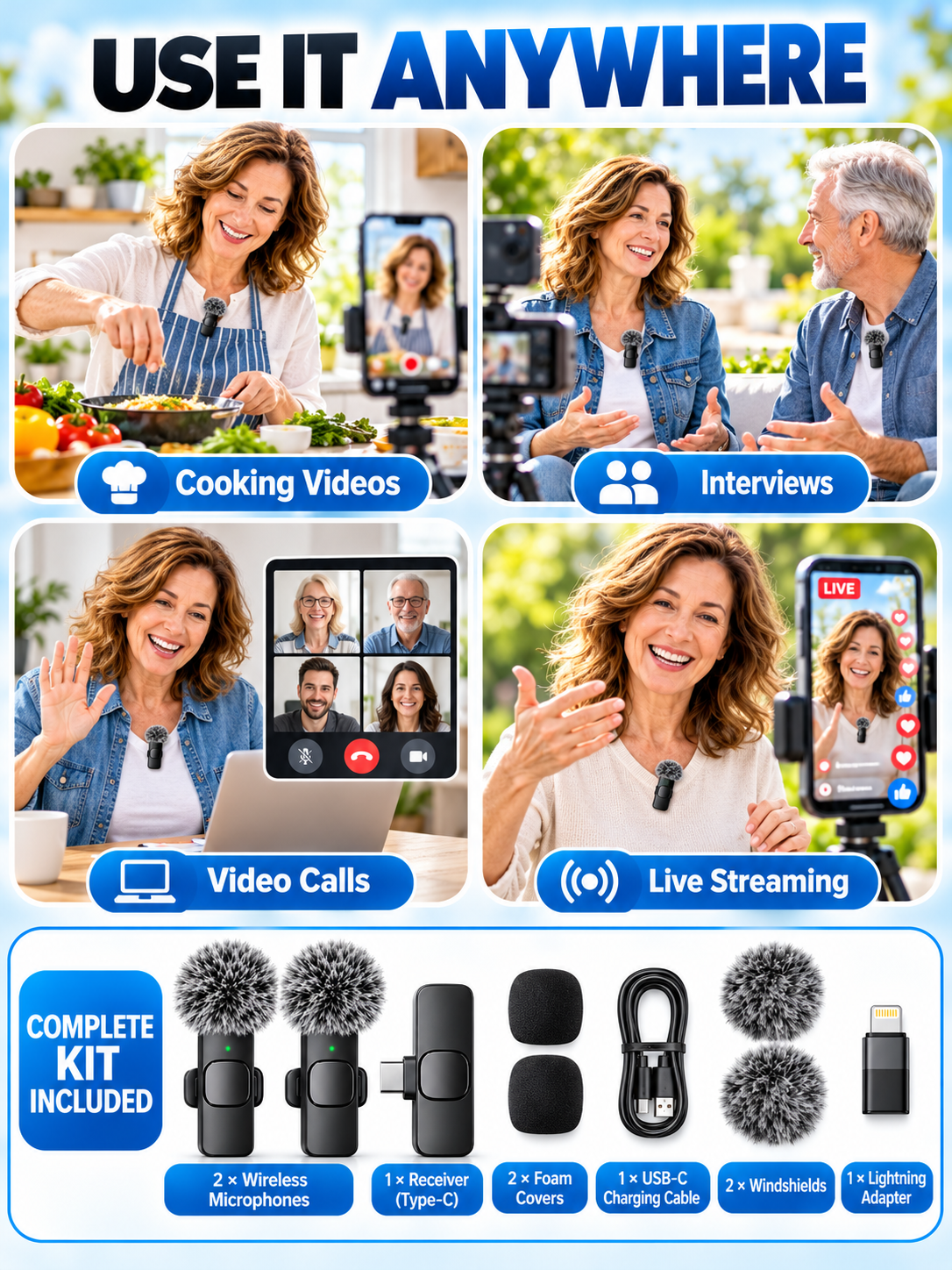 🎤 Wireless Lavalier Microphones – 2-Pack Rechargeable Clip-On Mics for iPhone & Android