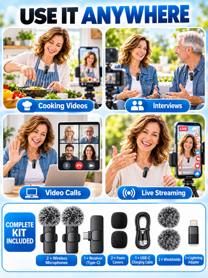🎤 Wireless Lavalier Microphones – 2-Pack Rechargeable Clip-On Mics for iPhone & Android