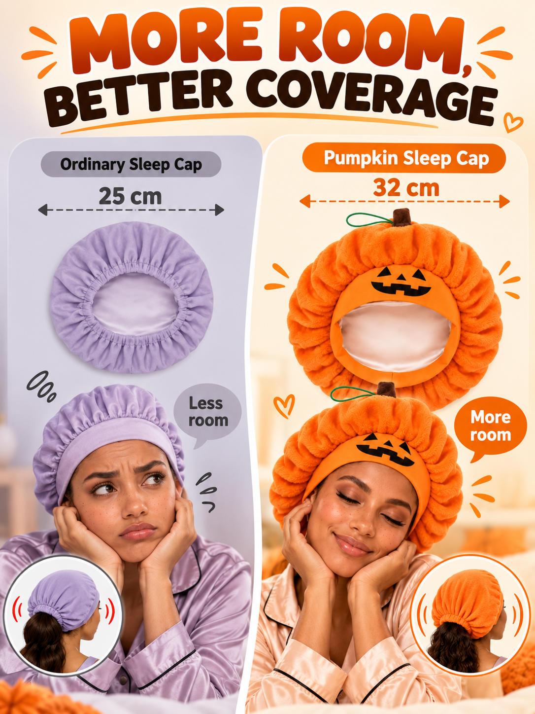 🎃 Halloween Deal – Plush Pumpkin Sleep Bonnet 👻 Soft Fluffy Hair Wrap with Elastic Fit for Nighttime & Party Wear ✨