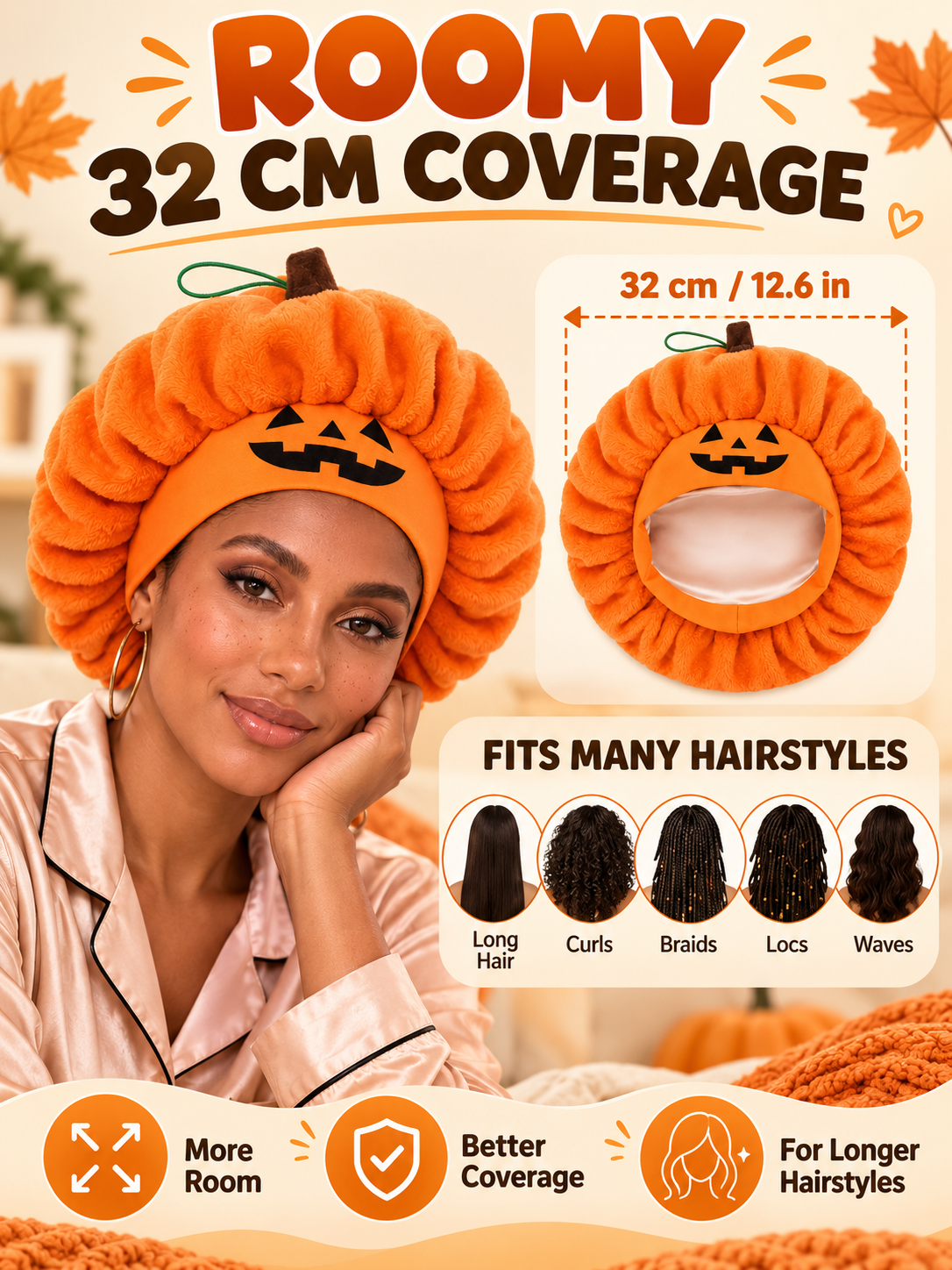 🎃 Halloween Deal – Plush Pumpkin Sleep Bonnet 👻 Soft Fluffy Hair Wrap with Elastic Fit for Nighttime & Party Wear ✨