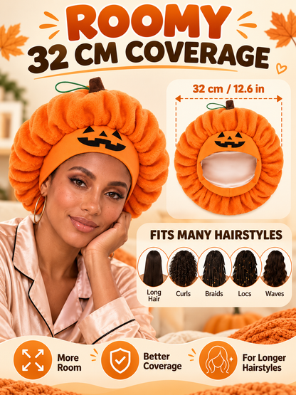 🎃 Halloween Deal – Plush Pumpkin Sleep Bonnet 👻 Soft Fluffy Hair Wrap with Elastic Fit for Nighttime & Party Wear ✨