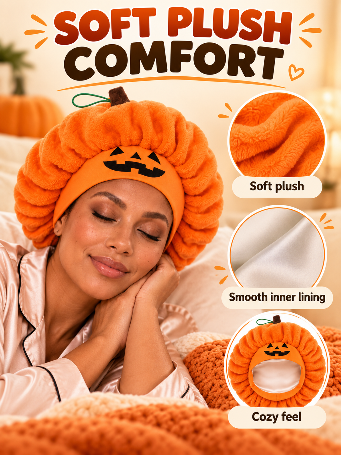 🎃 Halloween Deal – Plush Pumpkin Sleep Bonnet 👻 Soft Fluffy Hair Wrap with Elastic Fit for Nighttime & Party Wear ✨