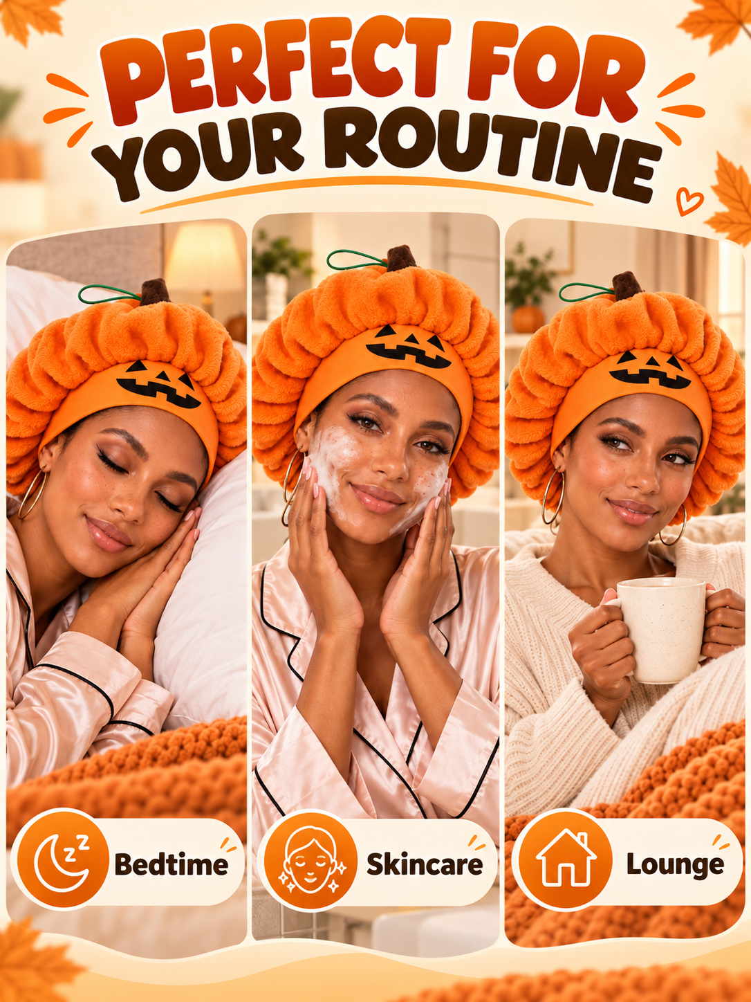 🎃 Halloween Deal – Plush Pumpkin Sleep Bonnet 👻 Soft Fluffy Hair Wrap with Elastic Fit for Nighttime & Party Wear ✨