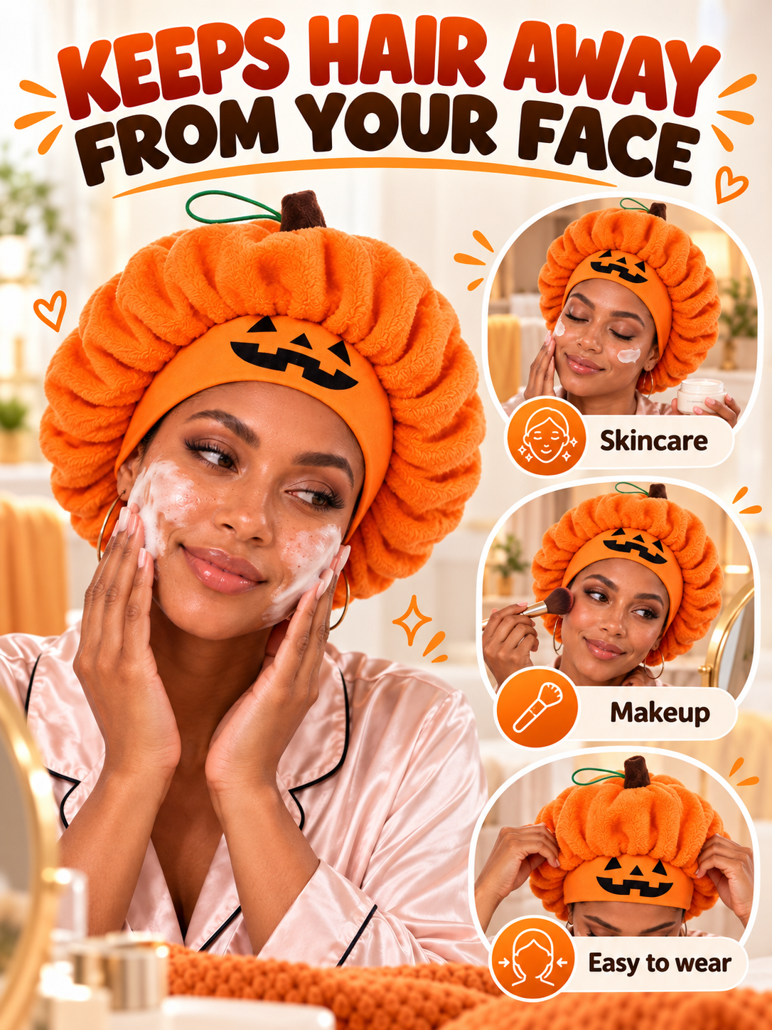 🎃 Halloween Deal – Plush Pumpkin Sleep Bonnet 👻 Soft Fluffy Hair Wrap with Elastic Fit for Nighttime & Party Wear ✨