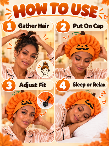 🎃 Halloween Deal – Plush Pumpkin Sleep Bonnet 👻 Soft Fluffy Hair Wrap with Elastic Fit for Nighttime & Party Wear ✨