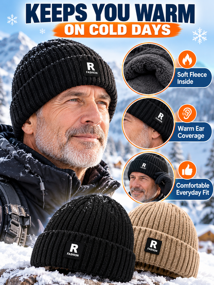 ❄️ Winter Style Deal – Men’s Thermal Knit Beanie 🧢 Thick Fleece-Lined Cuffed Hat for Cycling, Skiing & Outdoor Wear ✨