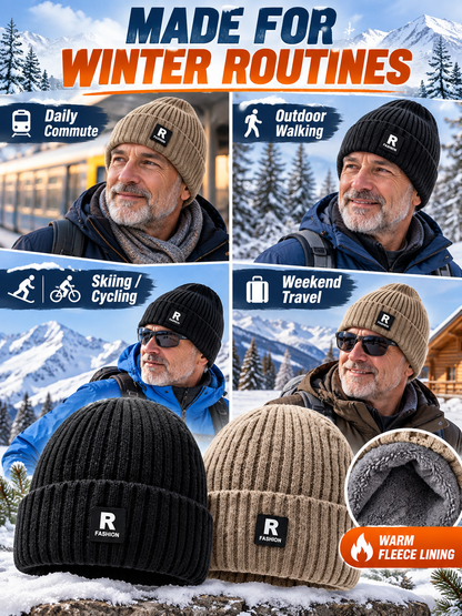 ❄️ Winter Style Deal – Men’s Thermal Knit Beanie 🧢 Thick Fleece-Lined Cuffed Hat for Cycling, Skiing & Outdoor Wear ✨