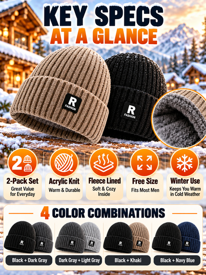 ❄️ Winter Style Deal – Men’s Thermal Knit Beanie 🧢 Thick Fleece-Lined Cuffed Hat for Cycling, Skiing & Outdoor Wear ✨