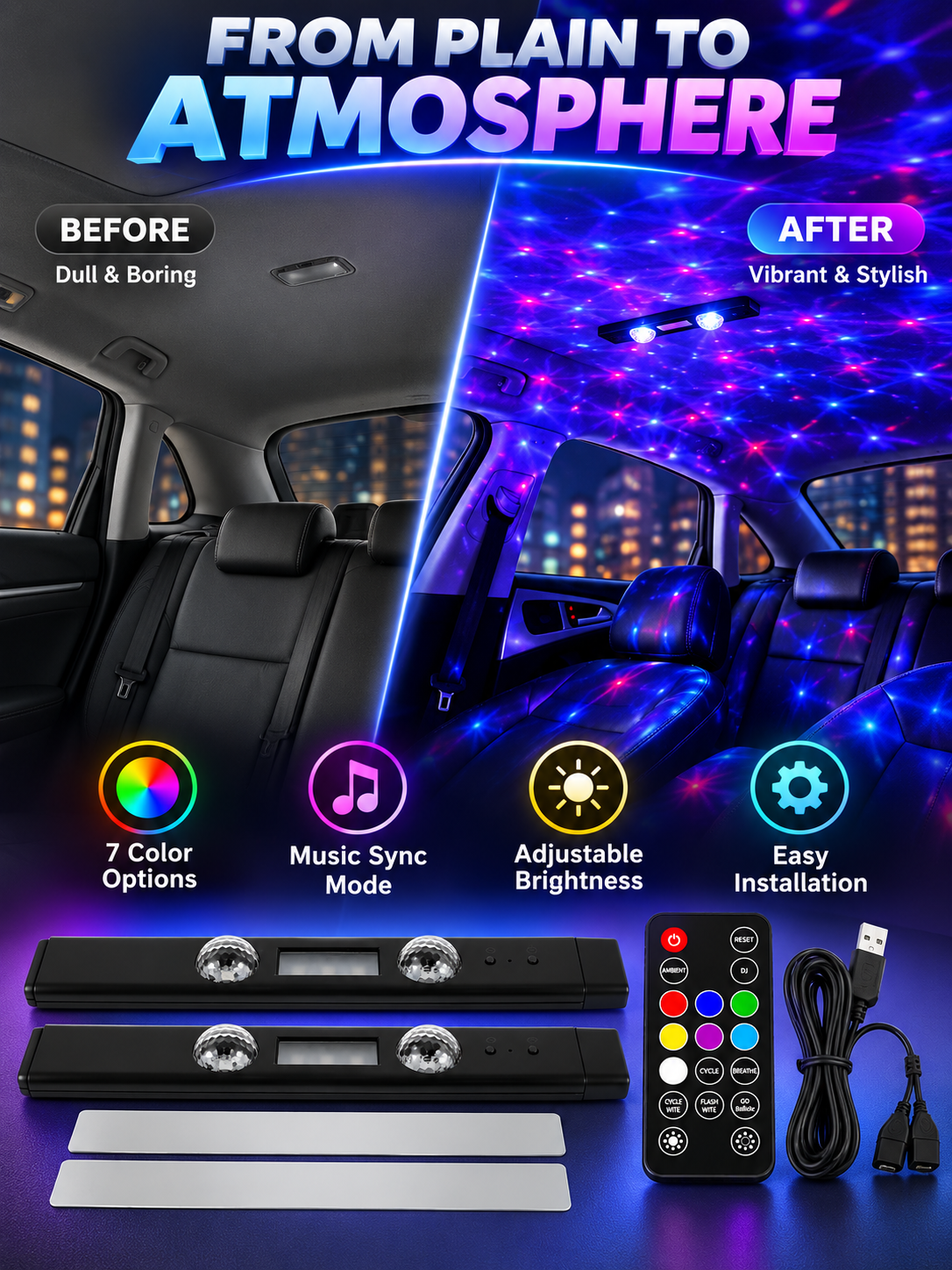 🚗 Car Glow Deal – 2-Piece RGB Starry Ambient Lights ✨ Wireless Rechargeable Interior Lighting with Music Sync & Remote Control 🌈