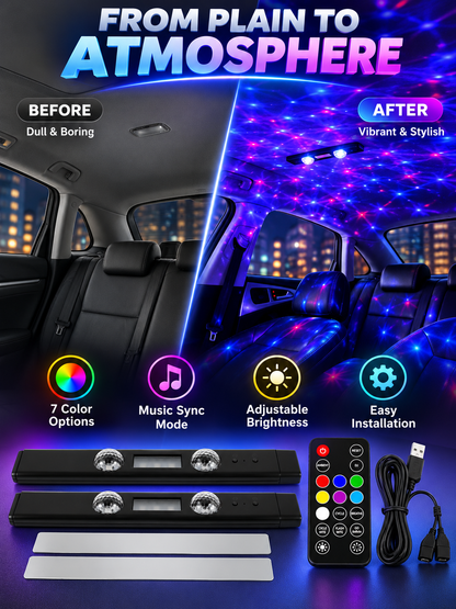 🚗 Car Glow Deal – 2-Piece RGB Starry Ambient Lights ✨ Wireless Rechargeable Interior Lighting with Music Sync & Remote Control 🌈