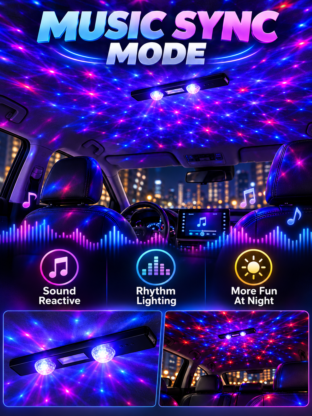🚗 Car Glow Deal – 2-Piece RGB Starry Ambient Lights ✨ Wireless Rechargeable Interior Lighting with Music Sync & Remote Control 🌈