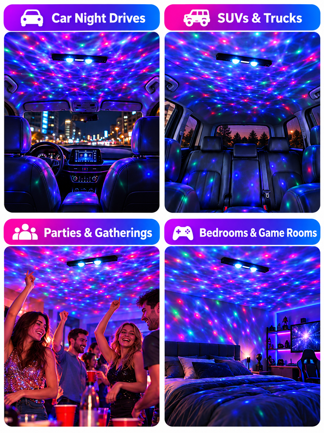 🚗 Car Glow Deal – 2-Piece RGB Starry Ambient Lights ✨ Wireless Rechargeable Interior Lighting with Music Sync & Remote Control 🌈