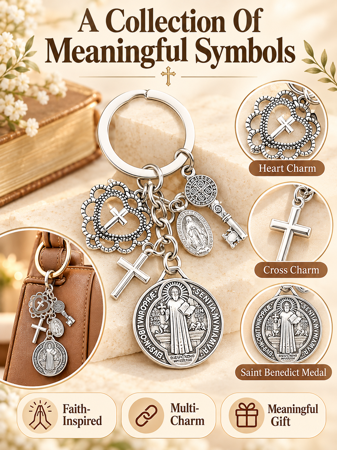 🙏 Faith Gift Deal – St. Benedict & Marian Cross Keychain ✨ Meaningful Religious Charm for Bags, Phones & Everyday Carry 🎁