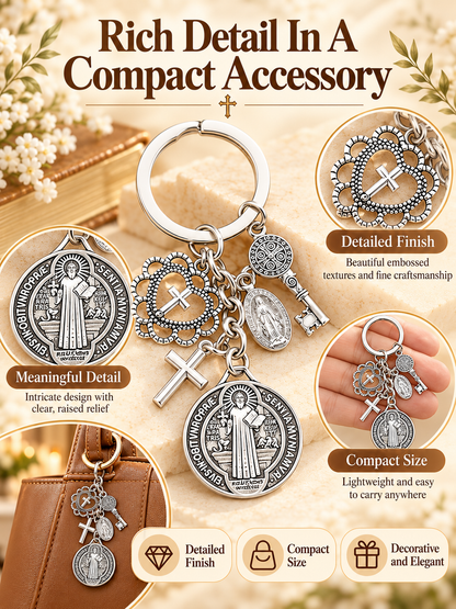 🙏 Faith Gift Deal – St. Benedict & Marian Cross Keychain ✨ Meaningful Religious Charm for Bags, Phones & Everyday Carry 🎁